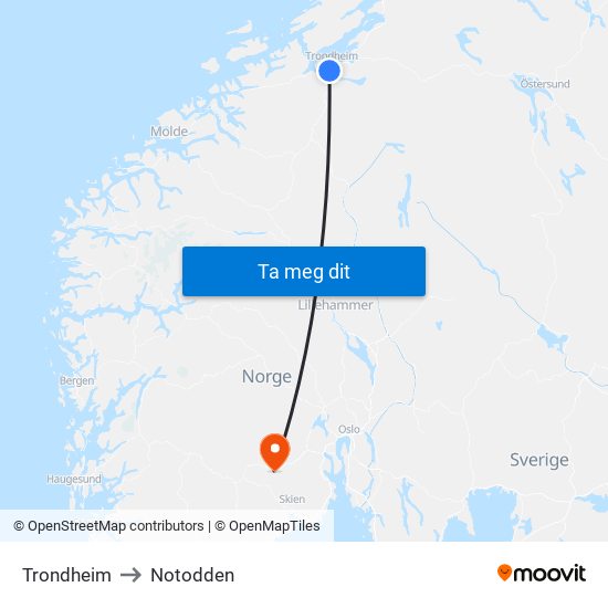 Trondheim to Notodden map