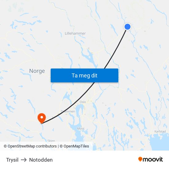 Trysil to Notodden map