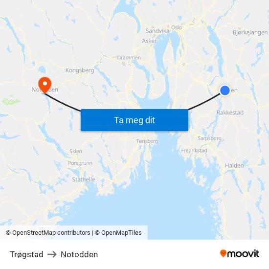 Trøgstad to Notodden map