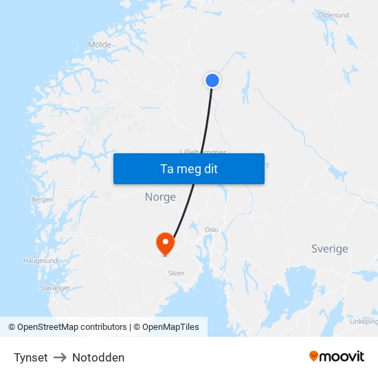 Tynset to Notodden map