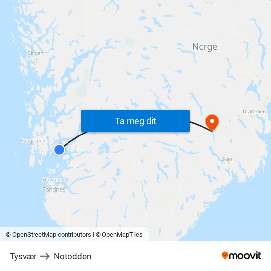 Tysvær to Notodden map