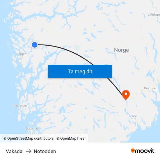 Vaksdal to Notodden map