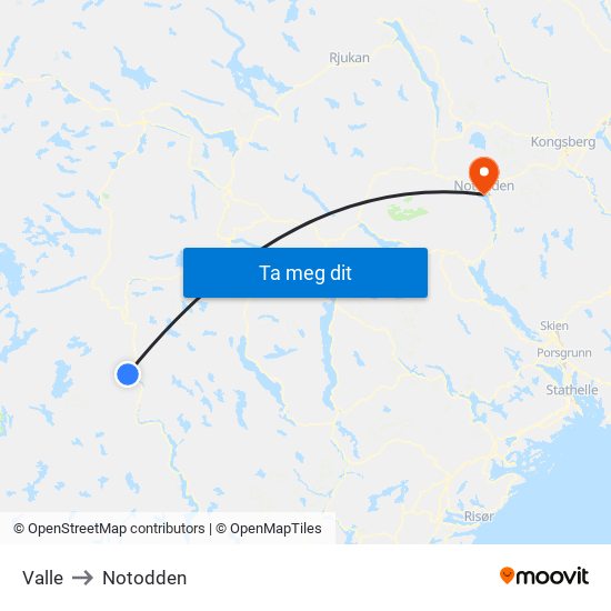 Valle to Notodden map