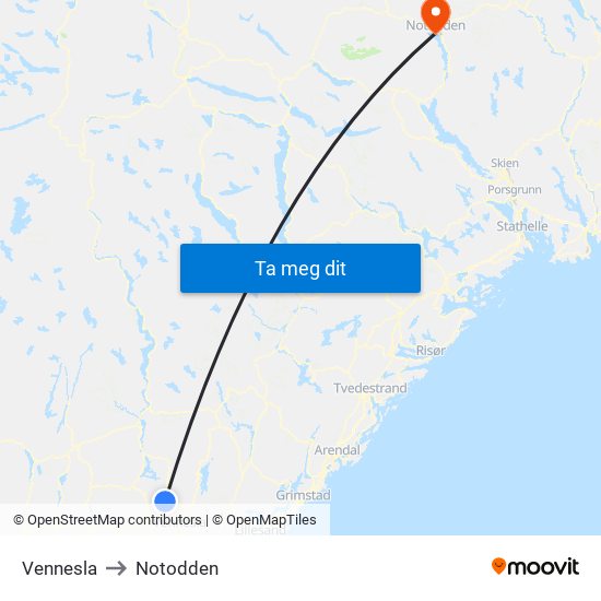 Vennesla to Notodden map