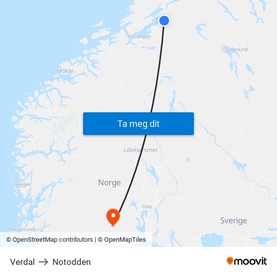 Verdal to Notodden map