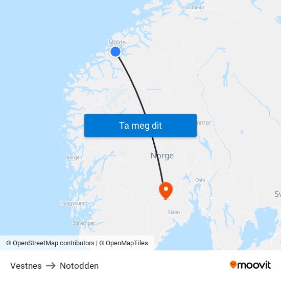 Vestnes to Notodden map