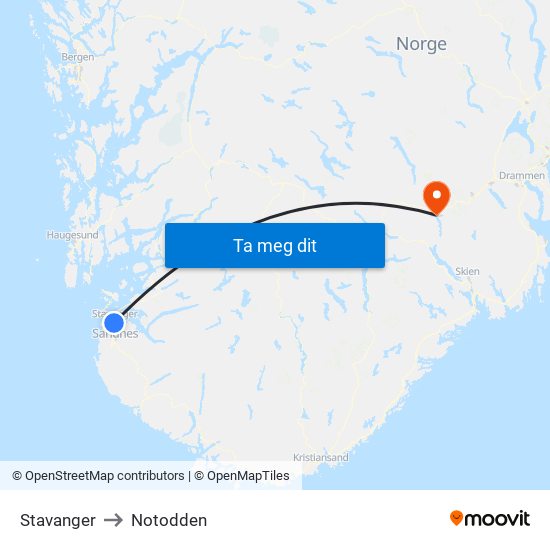 Stavanger to Notodden map