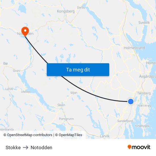 Stokke to Notodden map