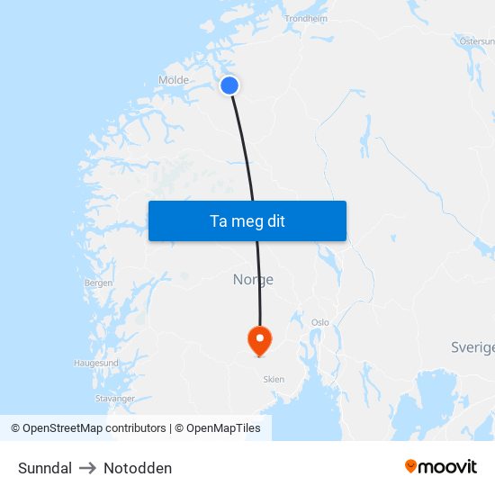 Sunndal to Notodden map