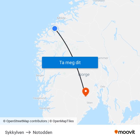 Sykkylven to Notodden map