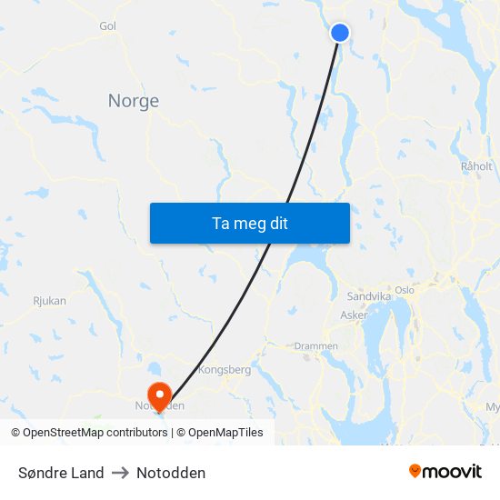 Søndre Land to Notodden map