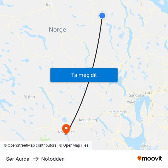 Sør-Aurdal to Notodden map