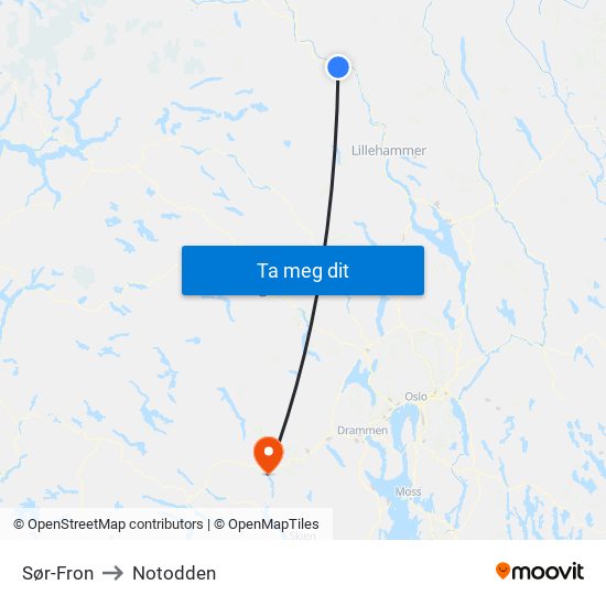 Sør-Fron to Notodden map