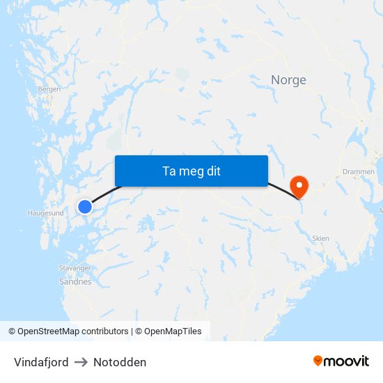 Vindafjord to Notodden map