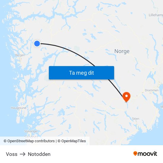 Voss to Notodden map