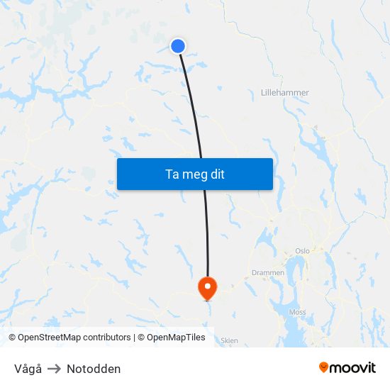 Vågå to Notodden map