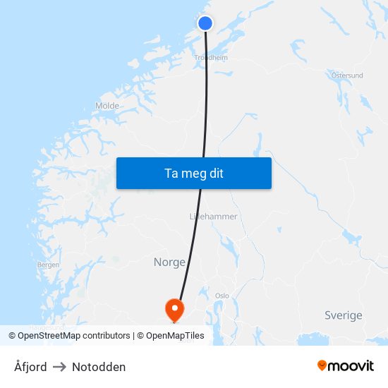 Åfjord to Notodden map