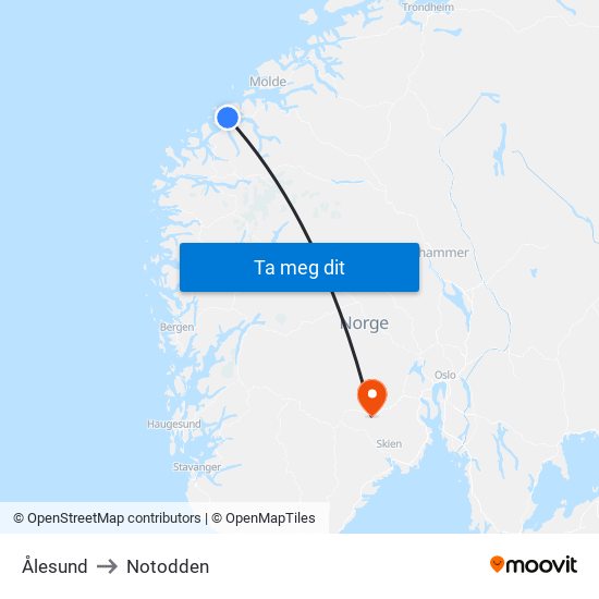 Ålesund to Notodden map