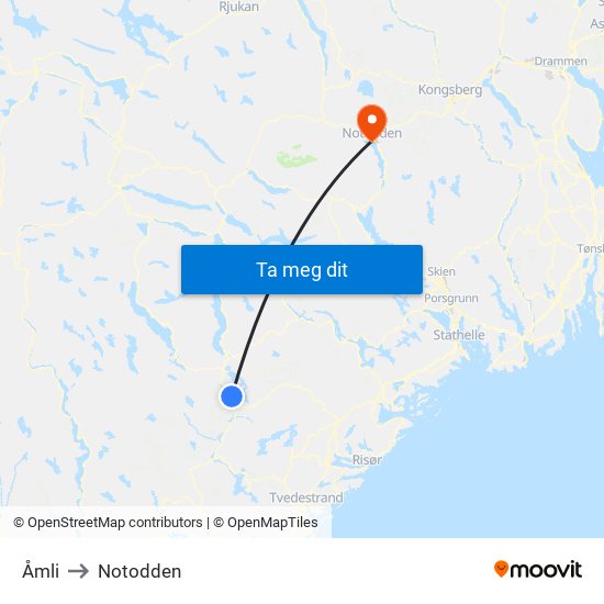 Åmli to Notodden map