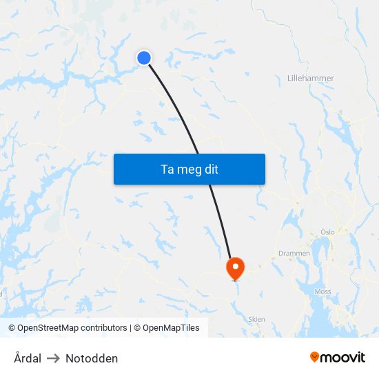 Årdal to Notodden map