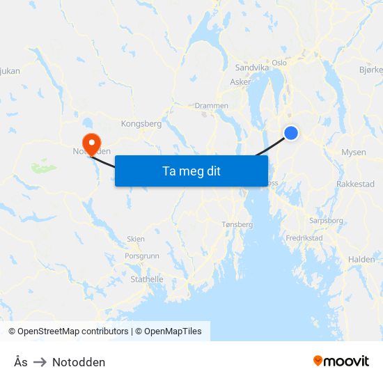 Ås to Notodden map