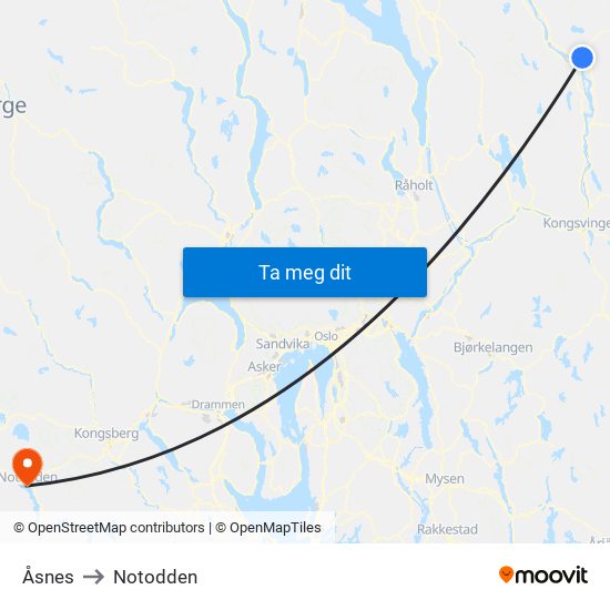 Åsnes to Notodden map