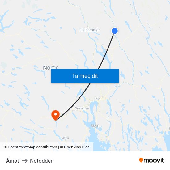 Åmot to Notodden map