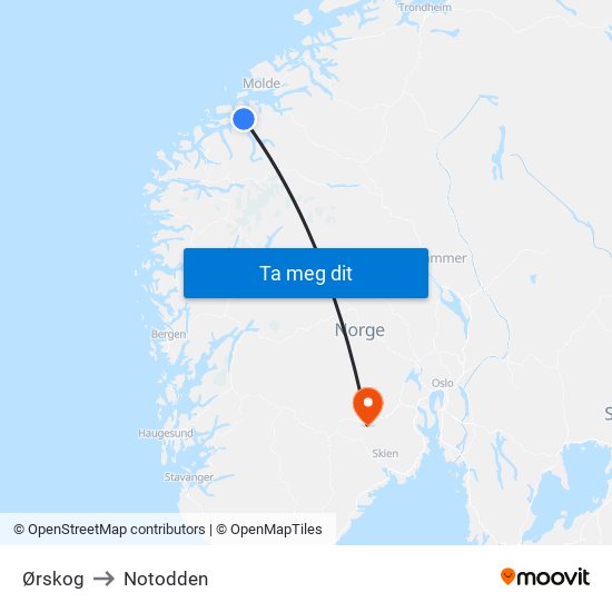 Ørskog to Notodden map