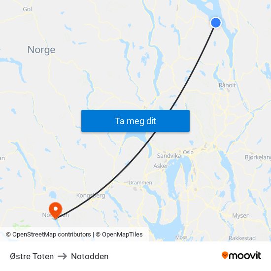 Østre Toten to Notodden map
