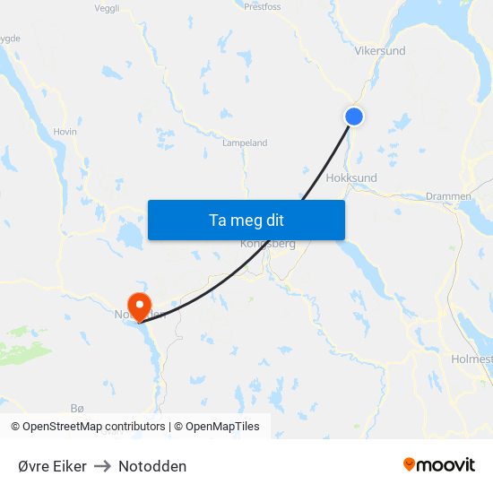 Øvre Eiker to Notodden map