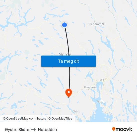 Øystre Slidre to Notodden map