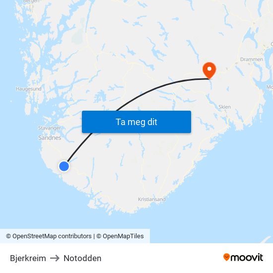 Bjerkreim to Notodden map