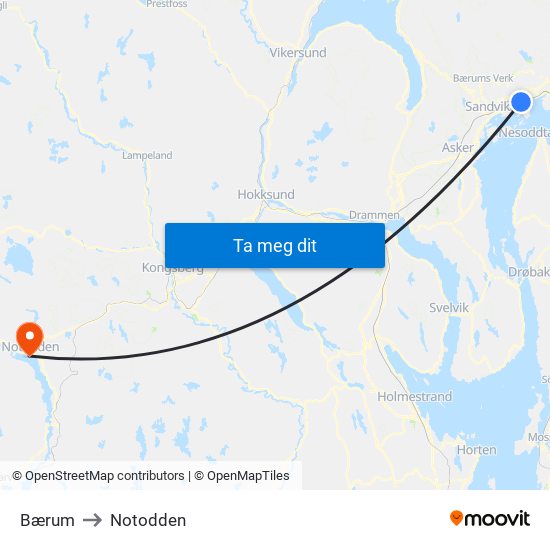 Bærum to Notodden map