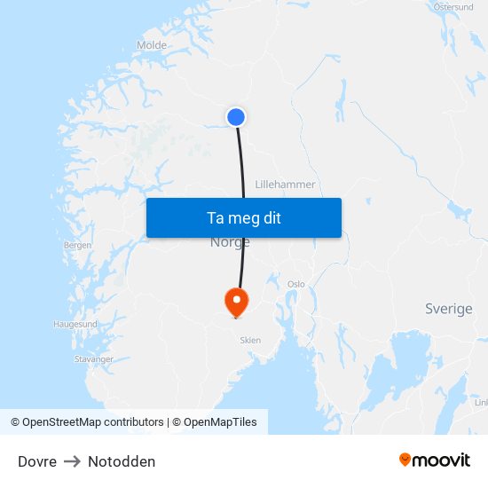 Dovre to Notodden map