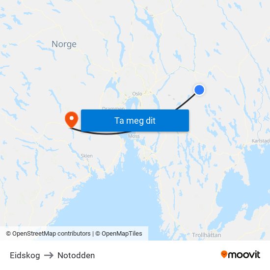 Eidskog to Notodden map