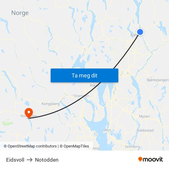 Eidsvoll to Notodden map