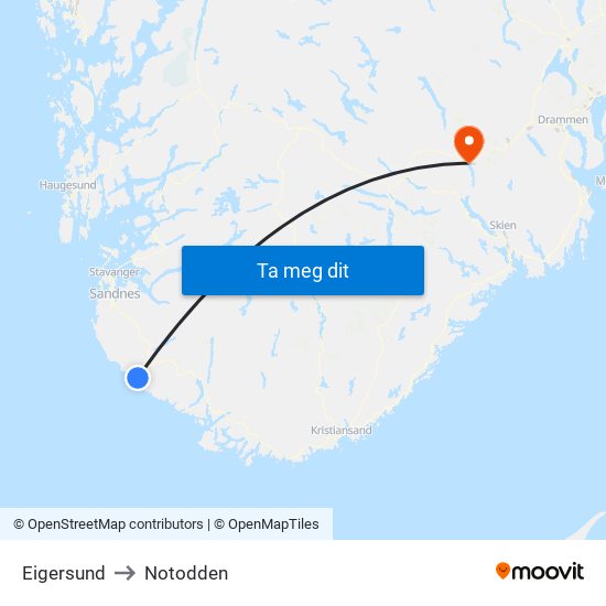 Eigersund to Notodden map