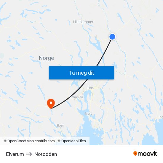 Elverum to Notodden map