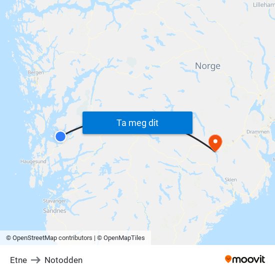 Etne to Notodden map