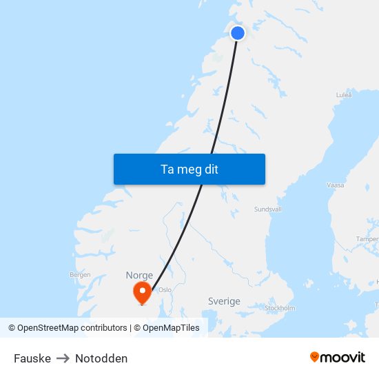 Fauske to Notodden map