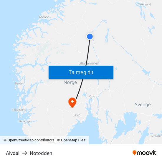 Alvdal to Notodden map