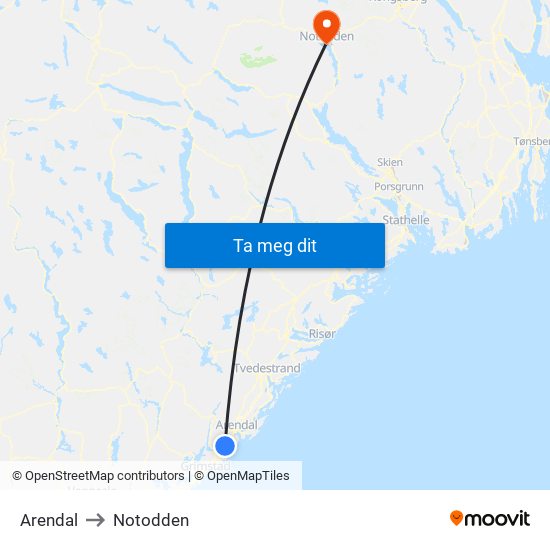 Arendal to Notodden map