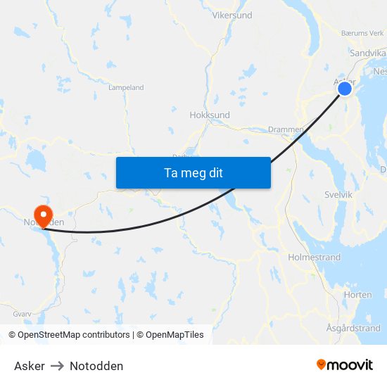 Asker to Notodden map