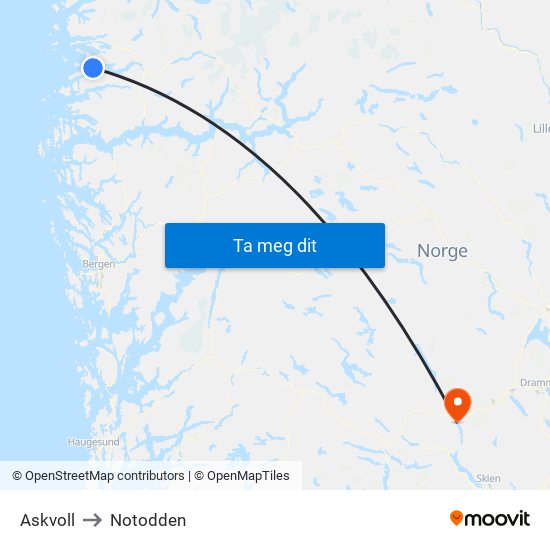 Askvoll to Notodden map