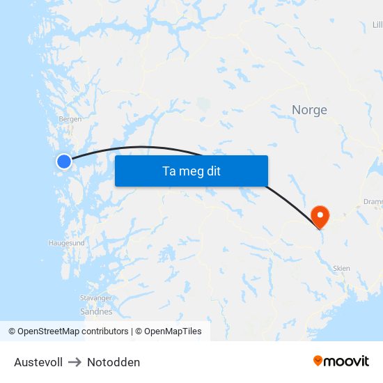 Austevoll to Notodden map