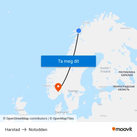 Harstad to Notodden map