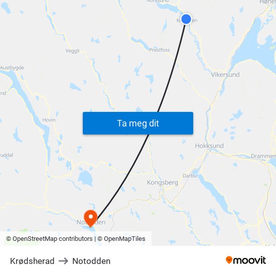 Krødsherad to Notodden map