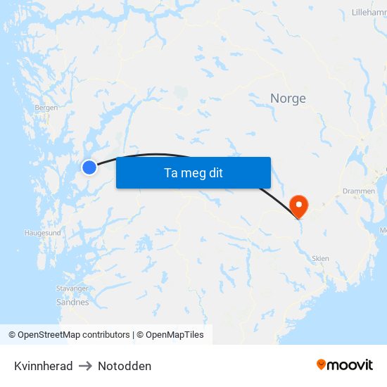 Kvinnherad to Notodden map