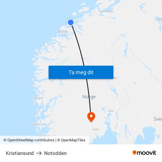 Kristiansund to Notodden map