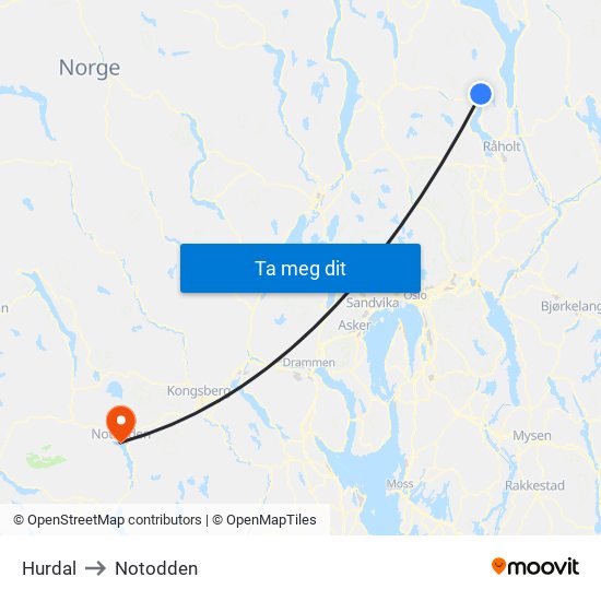 Hurdal to Notodden map